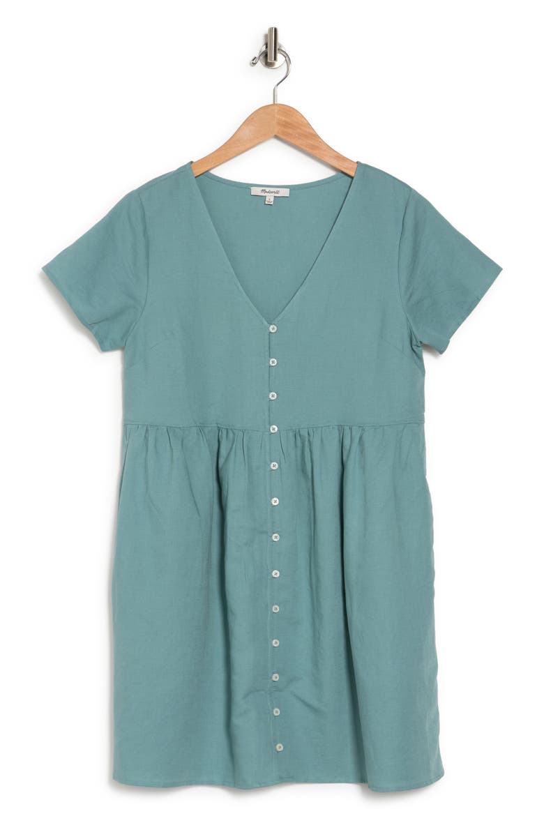 V-Neck Button Front Linen Blend Minidress, Alternate, color, SUMMER BREEZE