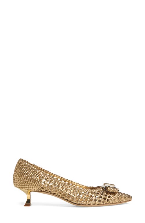 Ferragamo Zelma Bow Woven Pointed Toe Kitten Heel Pump In Gold Lux