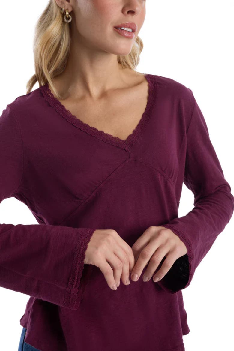 V-Neck Long Sleeve Empire Seam Trapeze Tee with Lace Trims, Alternate, color, Dark Fig