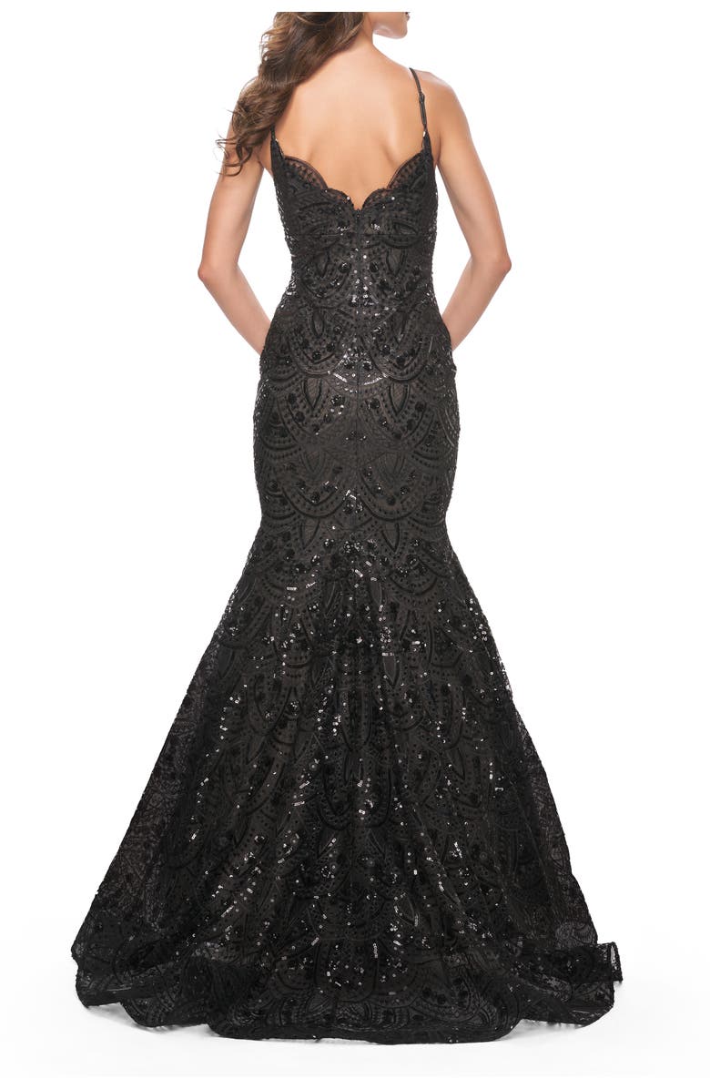 La Femme Mermaid Print Sequin Dress with Scallop Detail Neckline, Alternate, color, Black