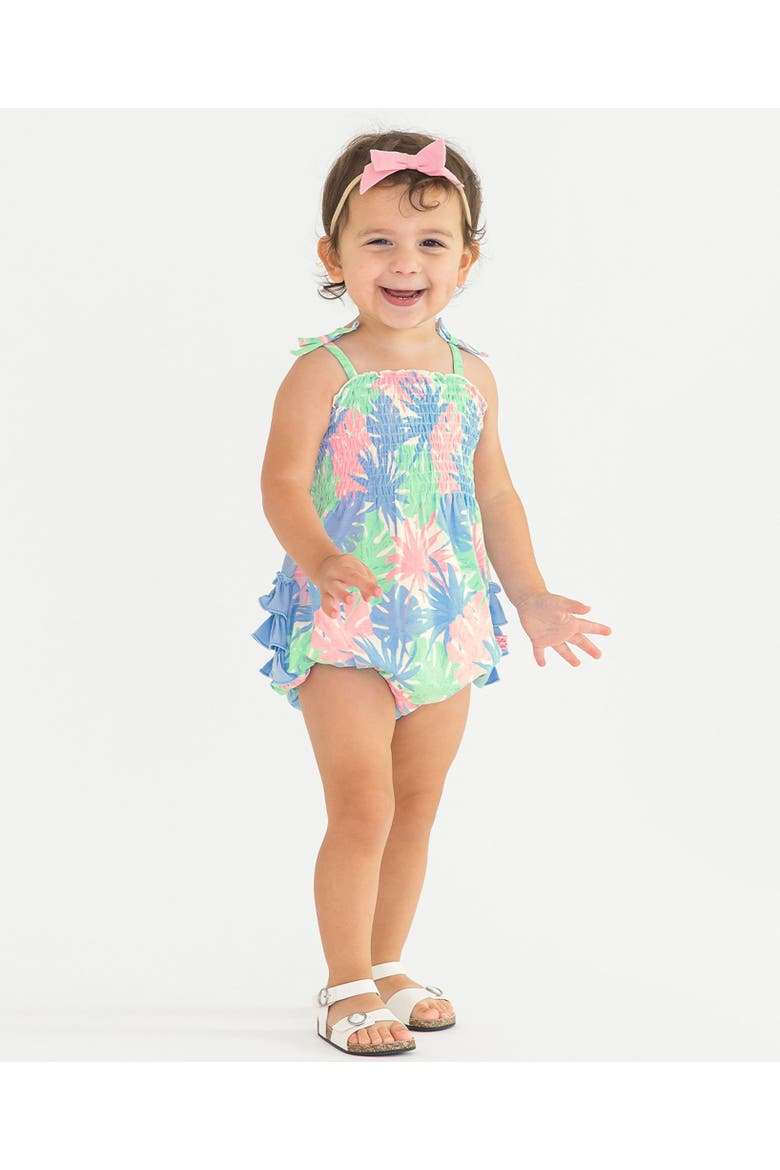 Baby Toddler Smocked Tie Knit Bubble Romper, Alternate, color, Pastel Palms
