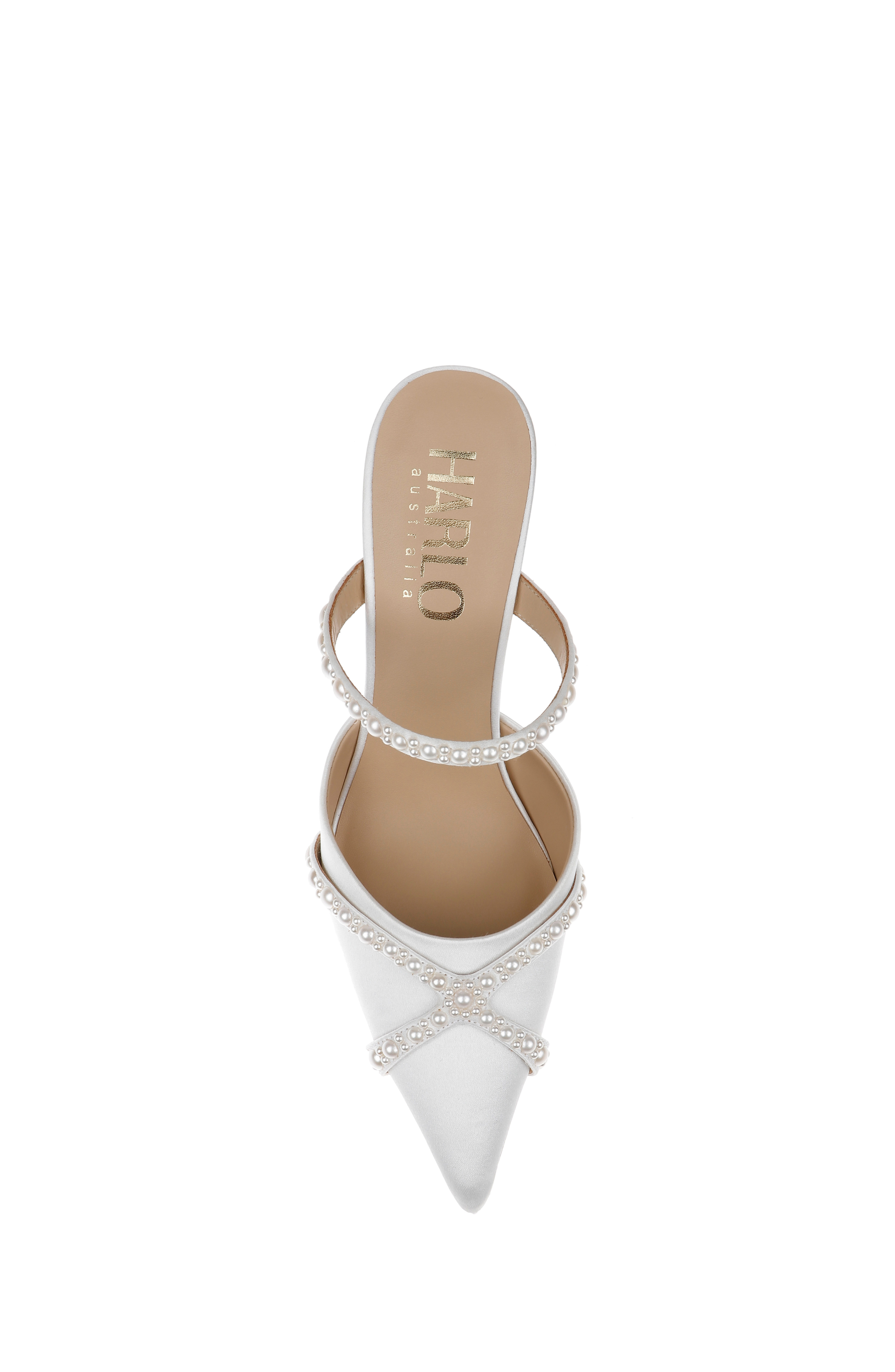 HARLO Grace Pearl Embellished Stiletto Mule Heels, Alternate, color, Soft White Satin