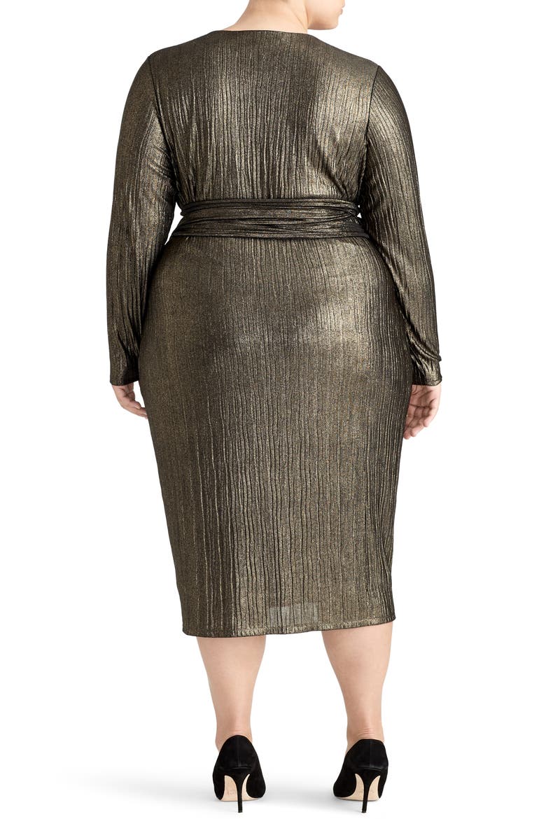 Pleated Metallic Wrap Dress, Alternate, color, BLACK/ GOLD