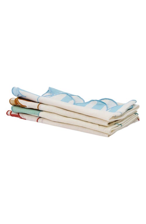 Misette Jardin 4-piece Embroidered Linen Scalloped Stripe Napkin Set In Natural Base