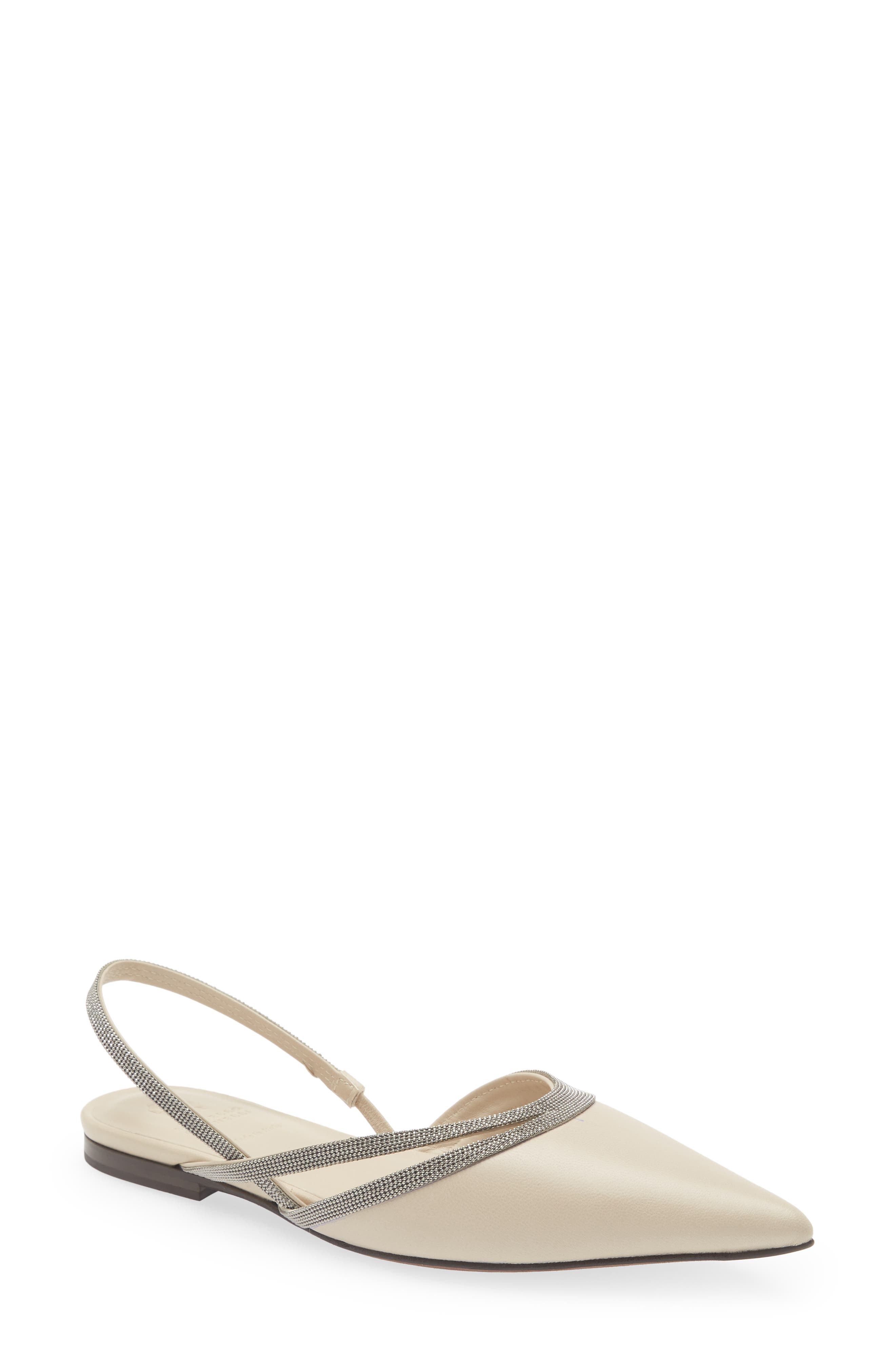 Brunello Cucinelli Monili Trim Pointed Toe Slingback Flat, Main, color, 
