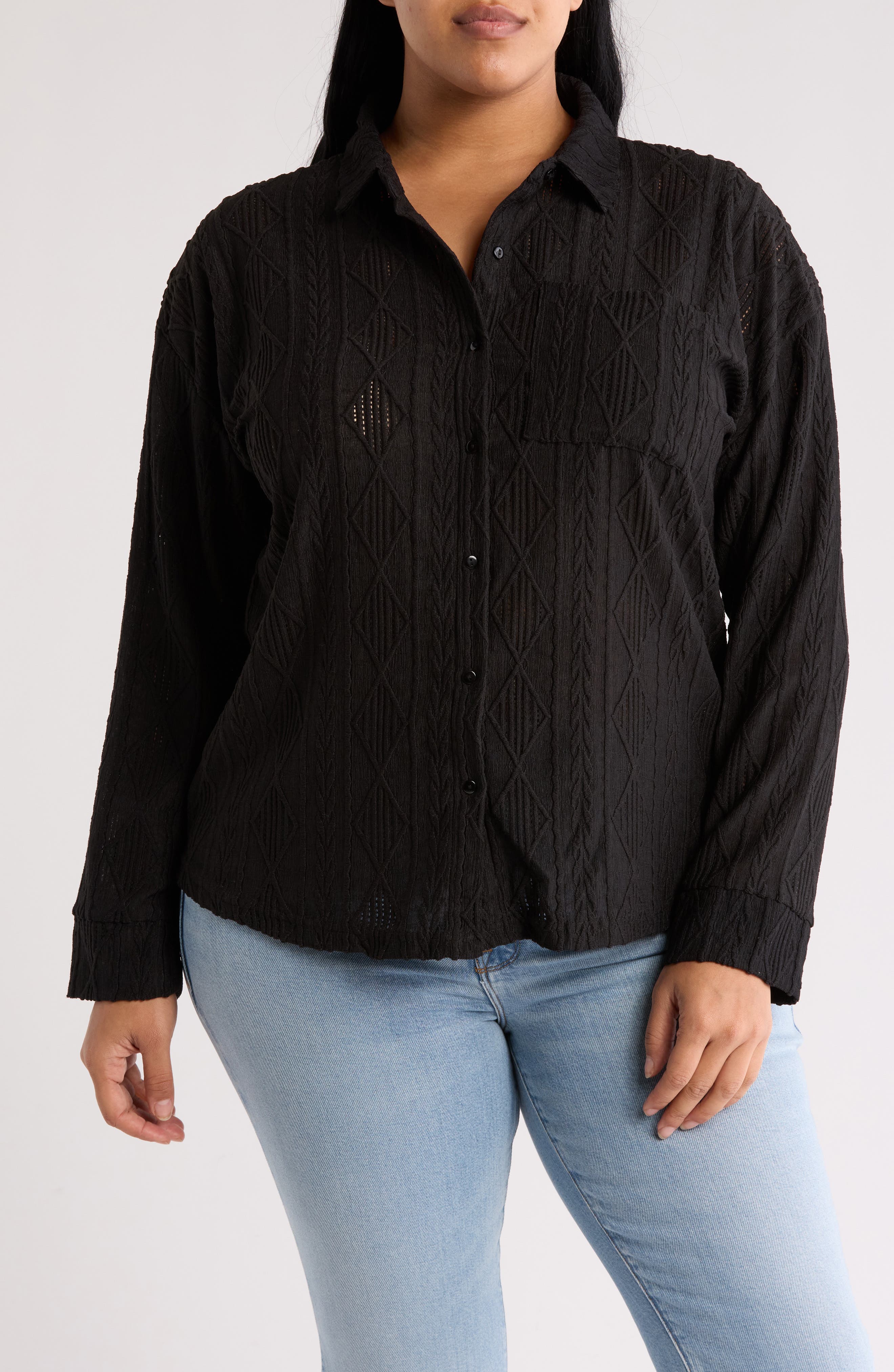 Forgotten Grace Crochet Long Sleeve Button Front Blouse