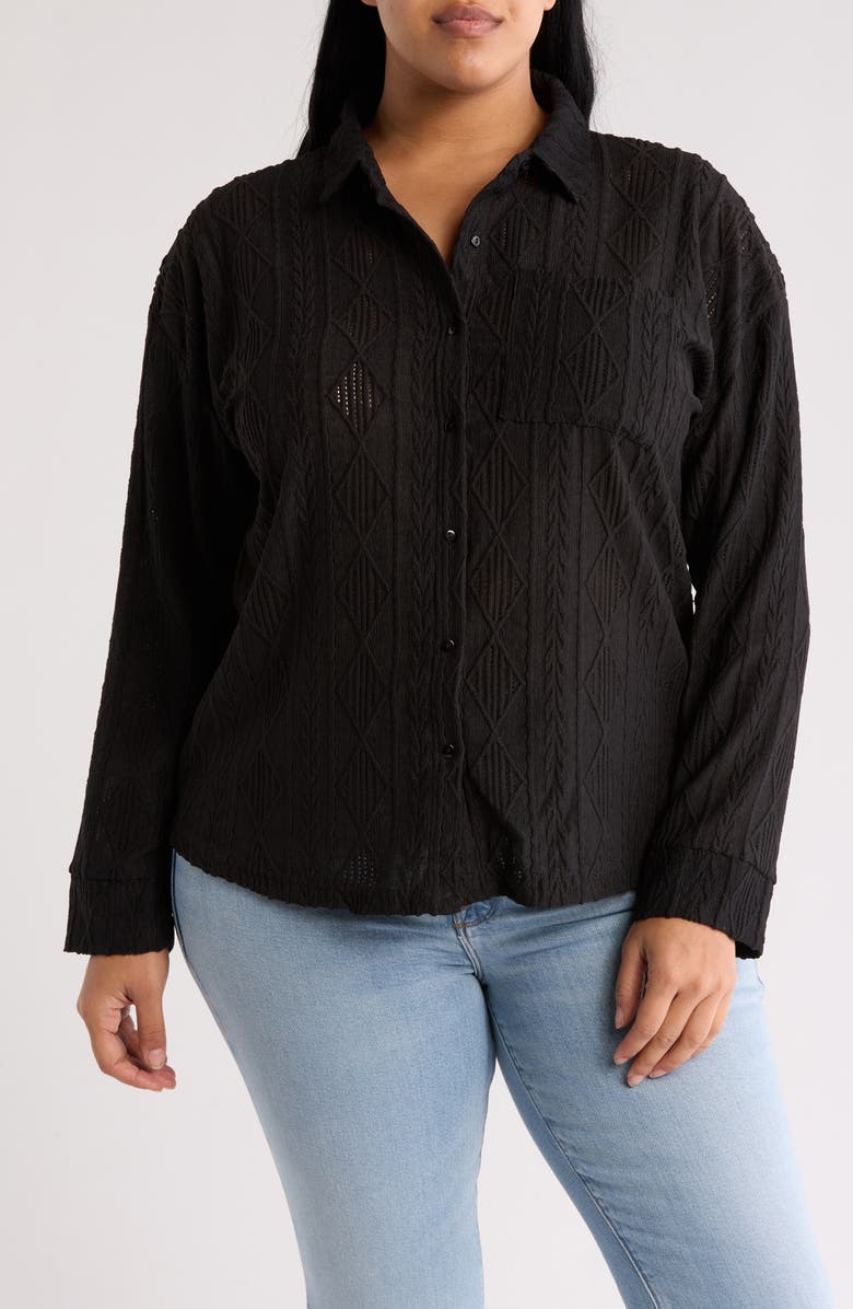 Forgotten Grace Crochet Long Sleeve Button Front Blouse, Main, color, Black