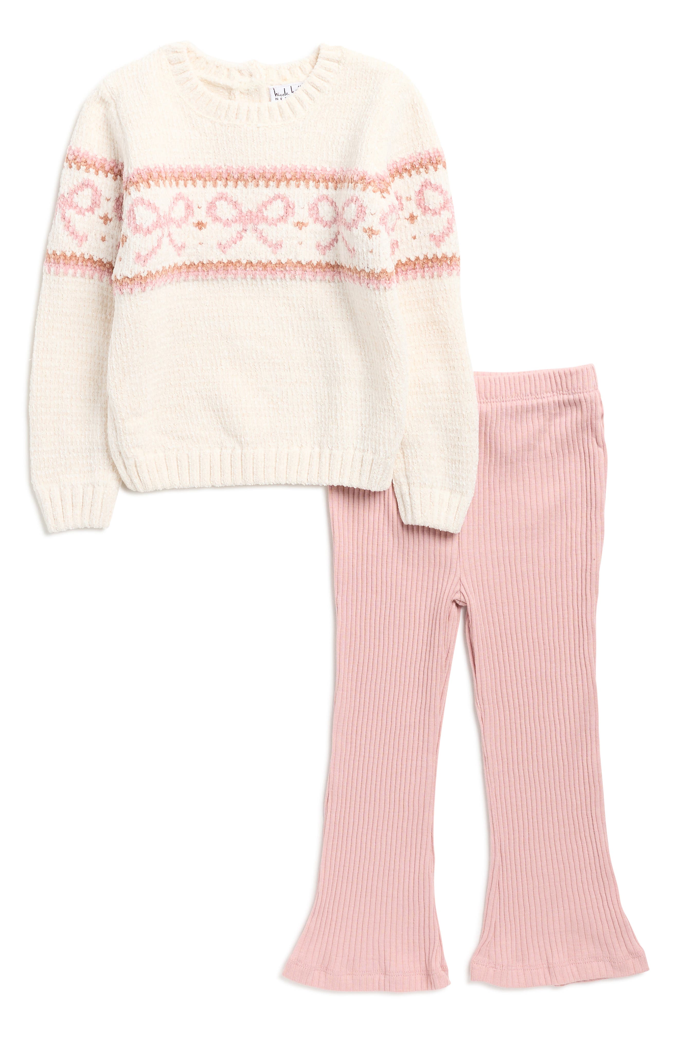 Nicole Miller Bow Chenille Sweater & Rib Knit Flare Leg Pants Set