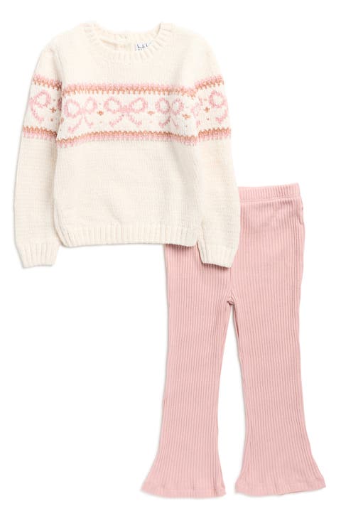 Bow Chenille Sweater & Rib Knit Flare Leg Pants Set (Toddler)