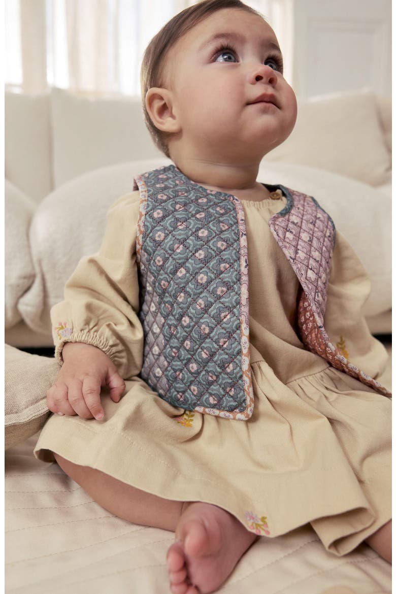 Quilted Vest & Embroidered Long Sleeve Dress Set, Alternate, color, NEUTRAL