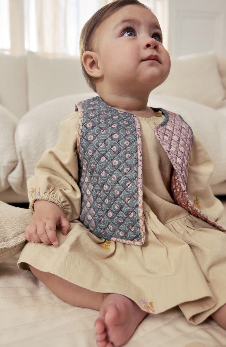 NEXT Quilted Vest & Embroidered Long Sleeve Dress Set, Alternate, color, Neutral