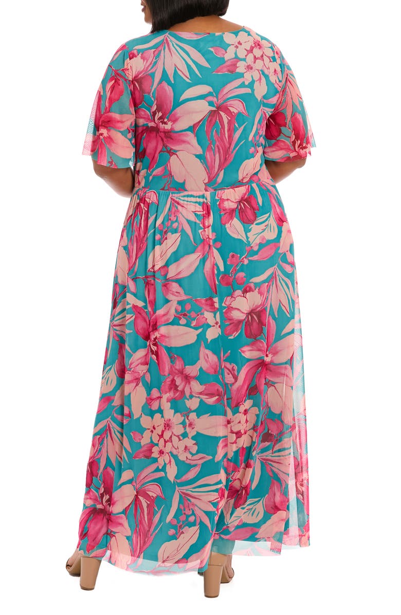 London Times Mesh Flutter Sleeve Maxi Dress, Alternate, color, Blue/ Pink