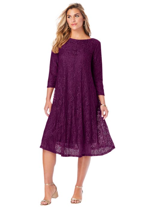 Plus-Size 3/4 Sleeve Boatneck Lace Swing Dress (Plus)