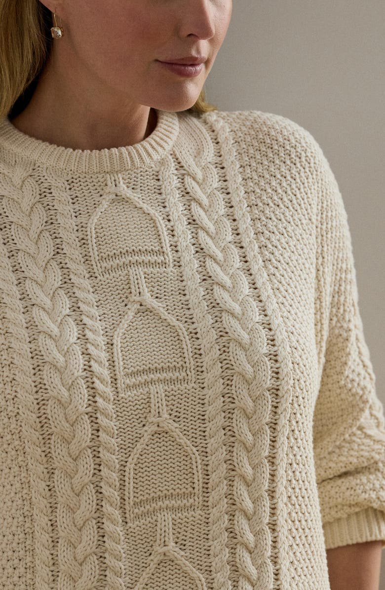 Lauren Ralph Lauren Rexden Cable Stitch Cotton Crewneck Sweater, Alternate, color, Mascarpone Cream