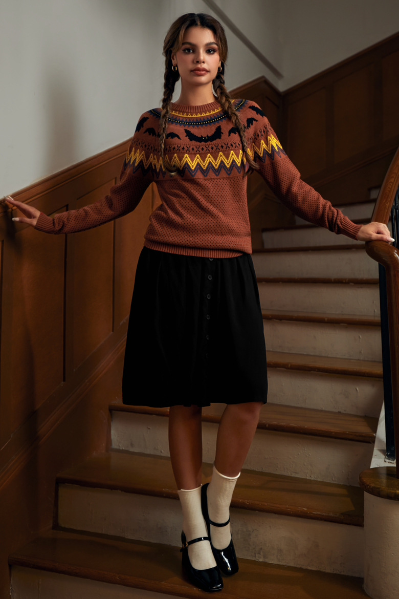 It Be Like Bat Fair Isle Halloween Sweater, Alternate, color, Orange Bats