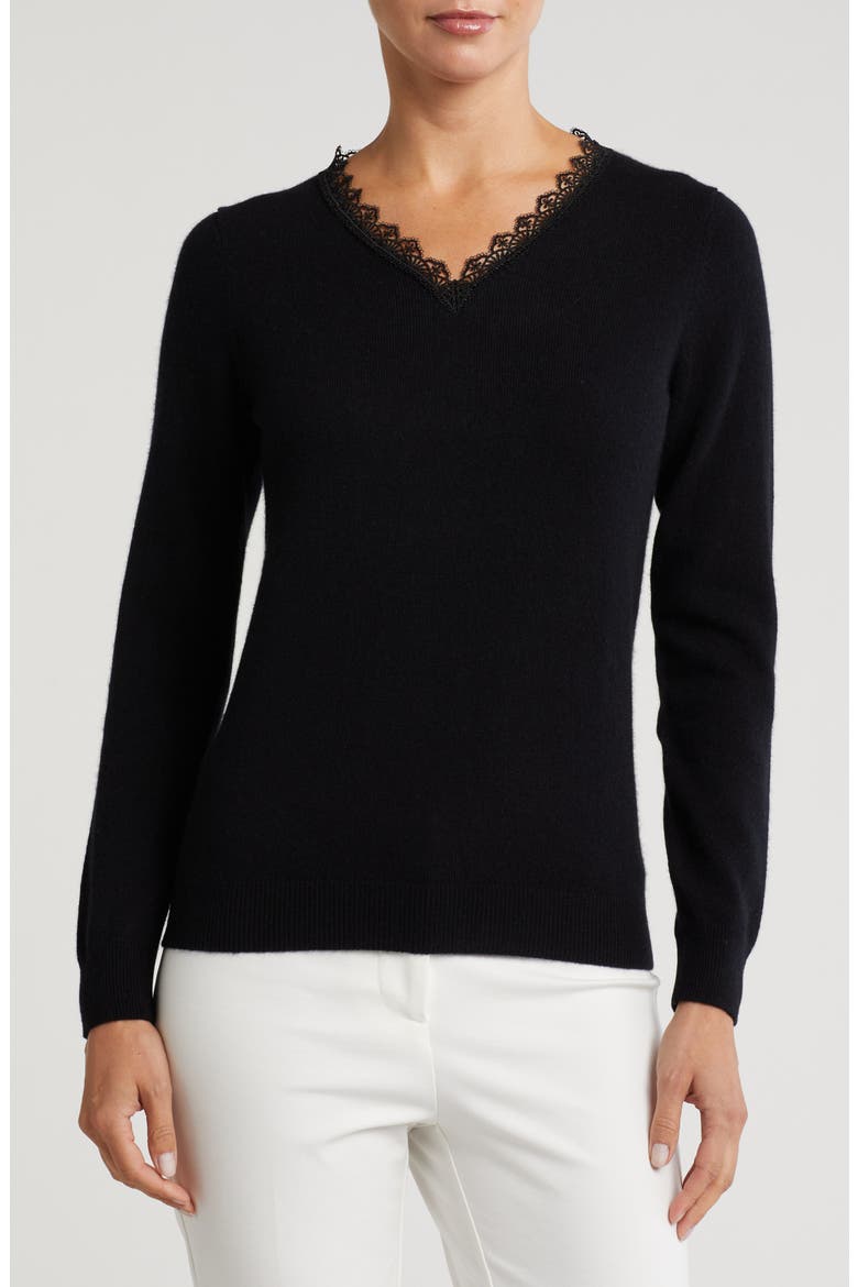 Lace Trim V-Neck Cashmere Sweater, Main, color, BLACK