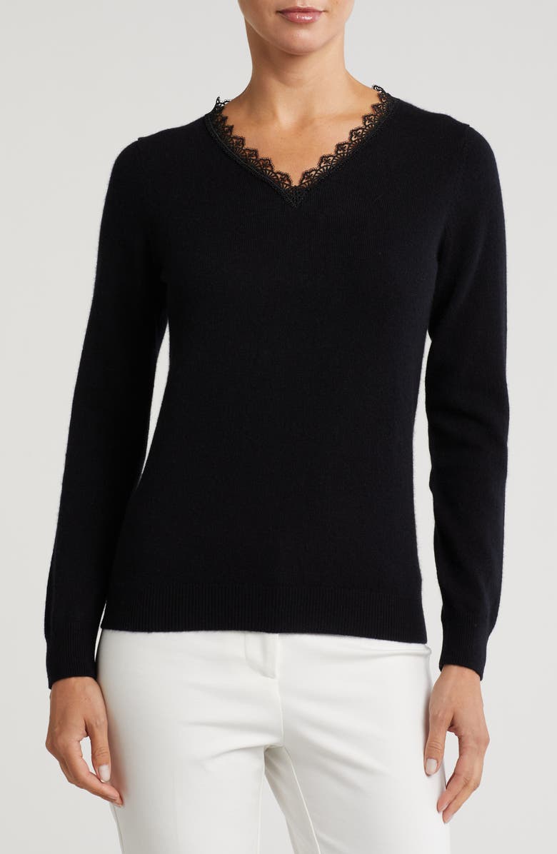 Sofia Cashmere Lace Trim V-Neck Cashmere Sweater, Main, color,