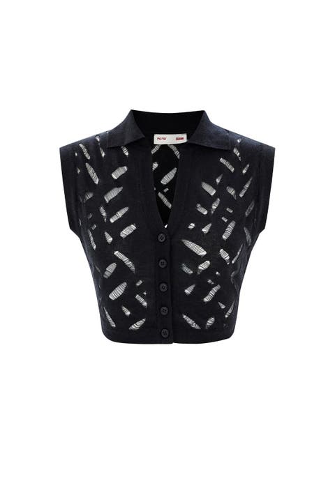 Cropped Ripped Knit Top Jet