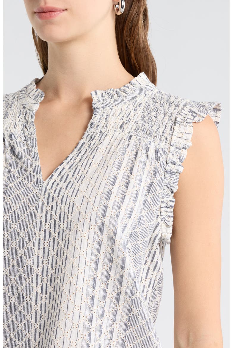 Arlene Eyelet Embroidered Linen Blend Ruffle Shoulder Top, Alternate, color, STRIPED EYELET