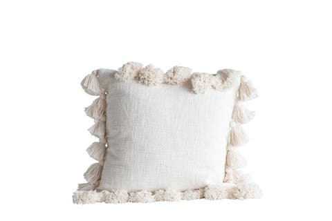 Woven Cotton Slub Pillow with Tassels, Cream