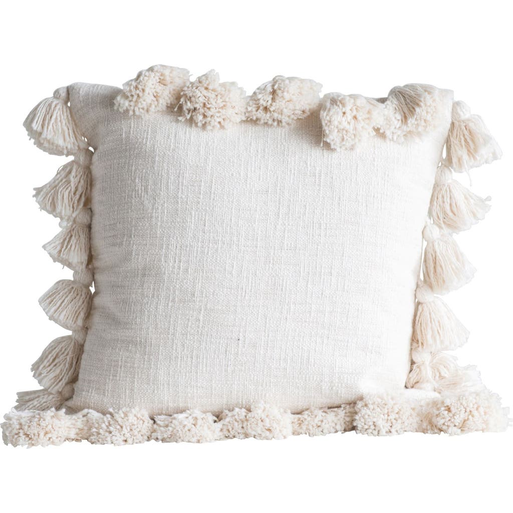 Storied Home Woven Cotton Slub Pillow With Tassels, Cream In White