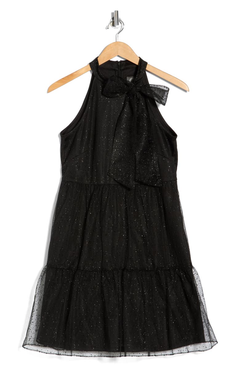 Vince Camuto Bow Glitter Tiered Mesh Cocktail Dress, Alternate, color, Black