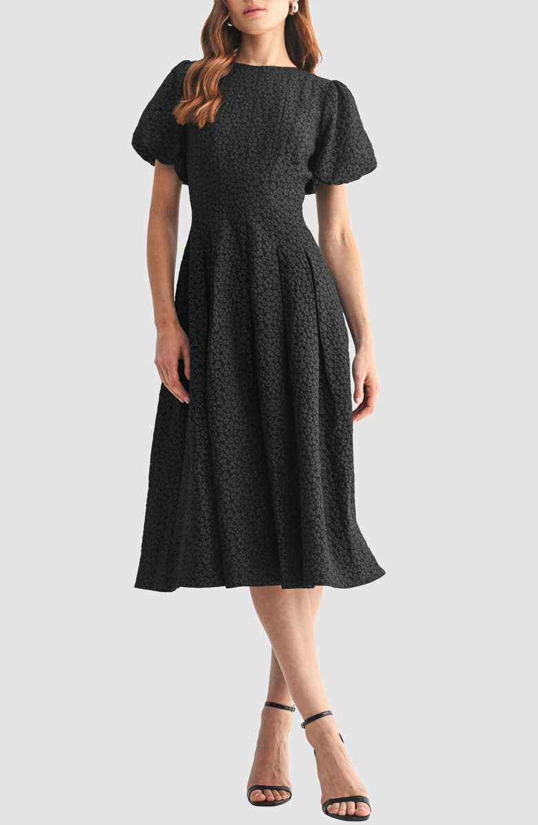 Mila Mae Textured Bubble Sleeve Fit and Flare Dress, Main, color, Black
