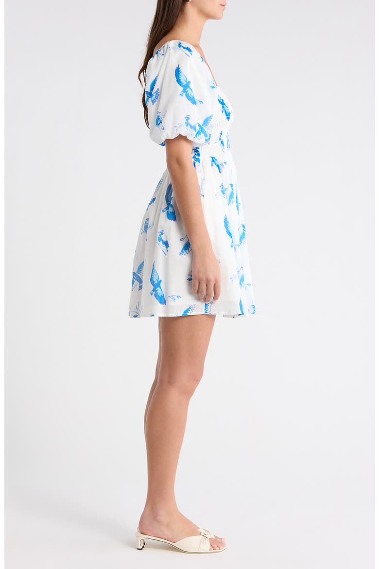 Hailie Bluebird Print Smocked Minidress, Alternate, color, WHITE BLUE COMBO
