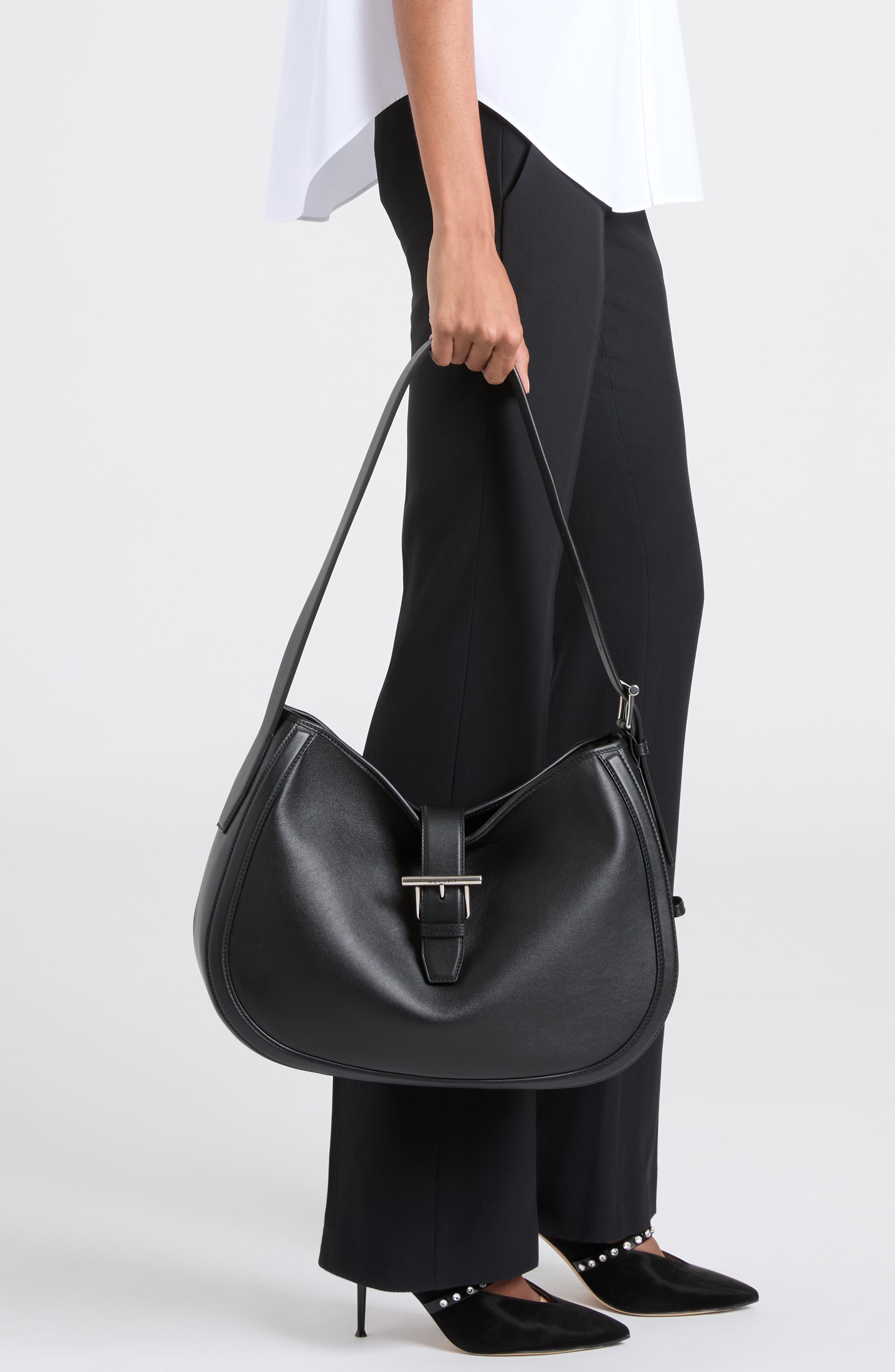 McQueen T-Bar Leather Shoulder Bag, Alternate, color, Black/ Silver