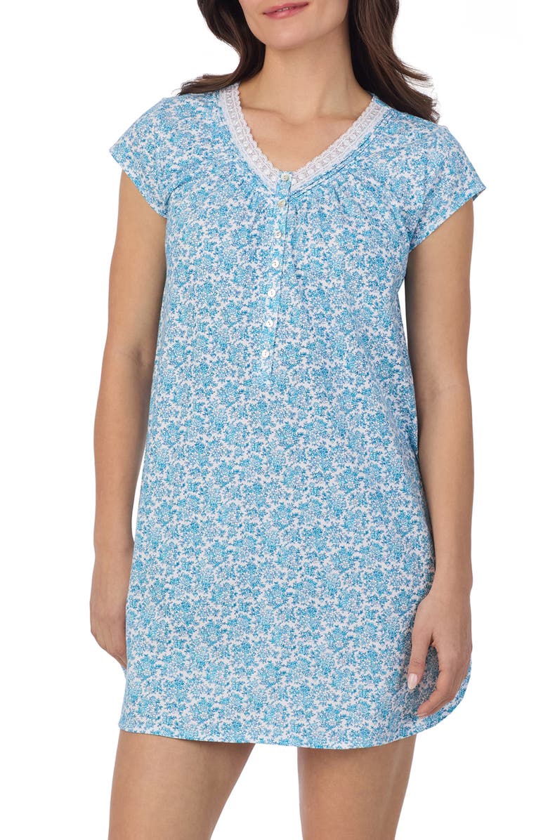 Eileen West Floral Print Cap Sleeve Cotton Jersey Nightshirt, Main, color, White/Aqua