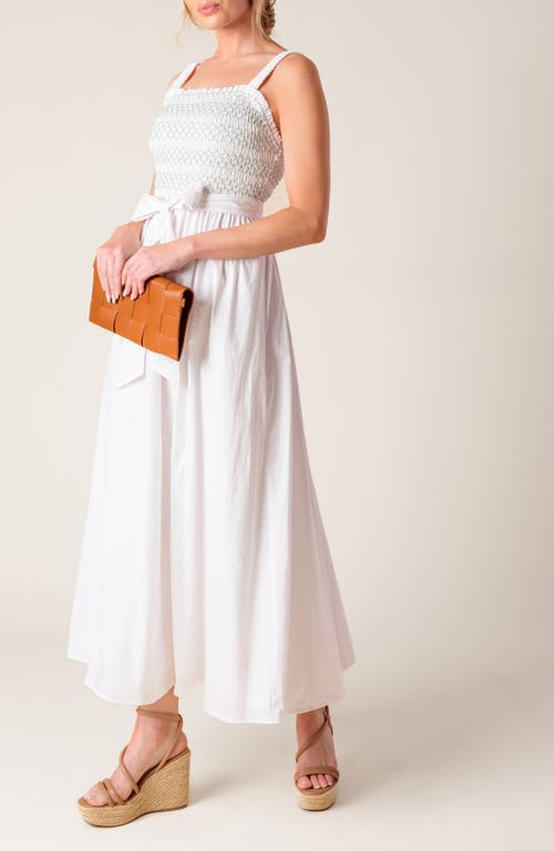 Flying Tomato Color Smocked Cotton Maxi Dress In White