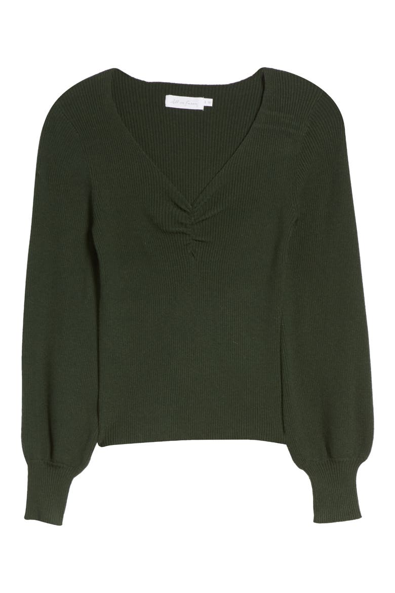 Rib V-Neck Gather Pullover, Alternate, color, FOREST GREEN