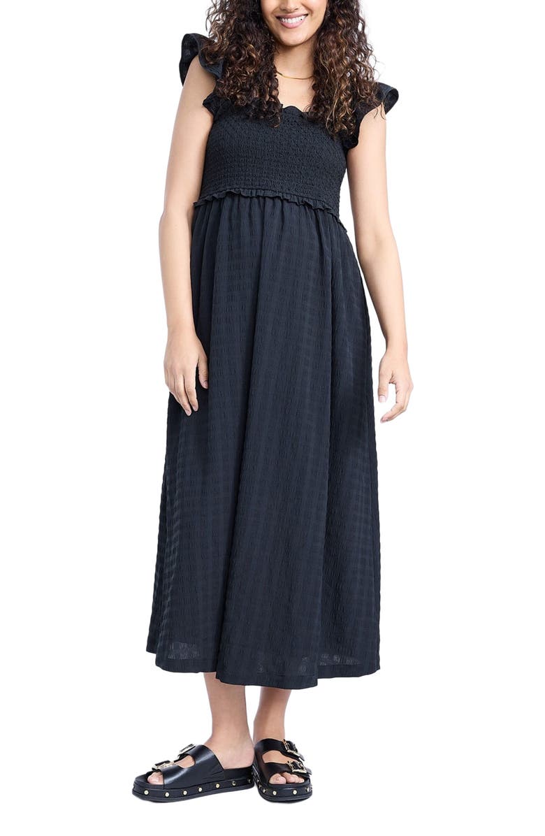 MOTHERHOOD MATERNITY Sleeveless Ruffle Shoulder Smocked Maxi Dress, Main, color, Black