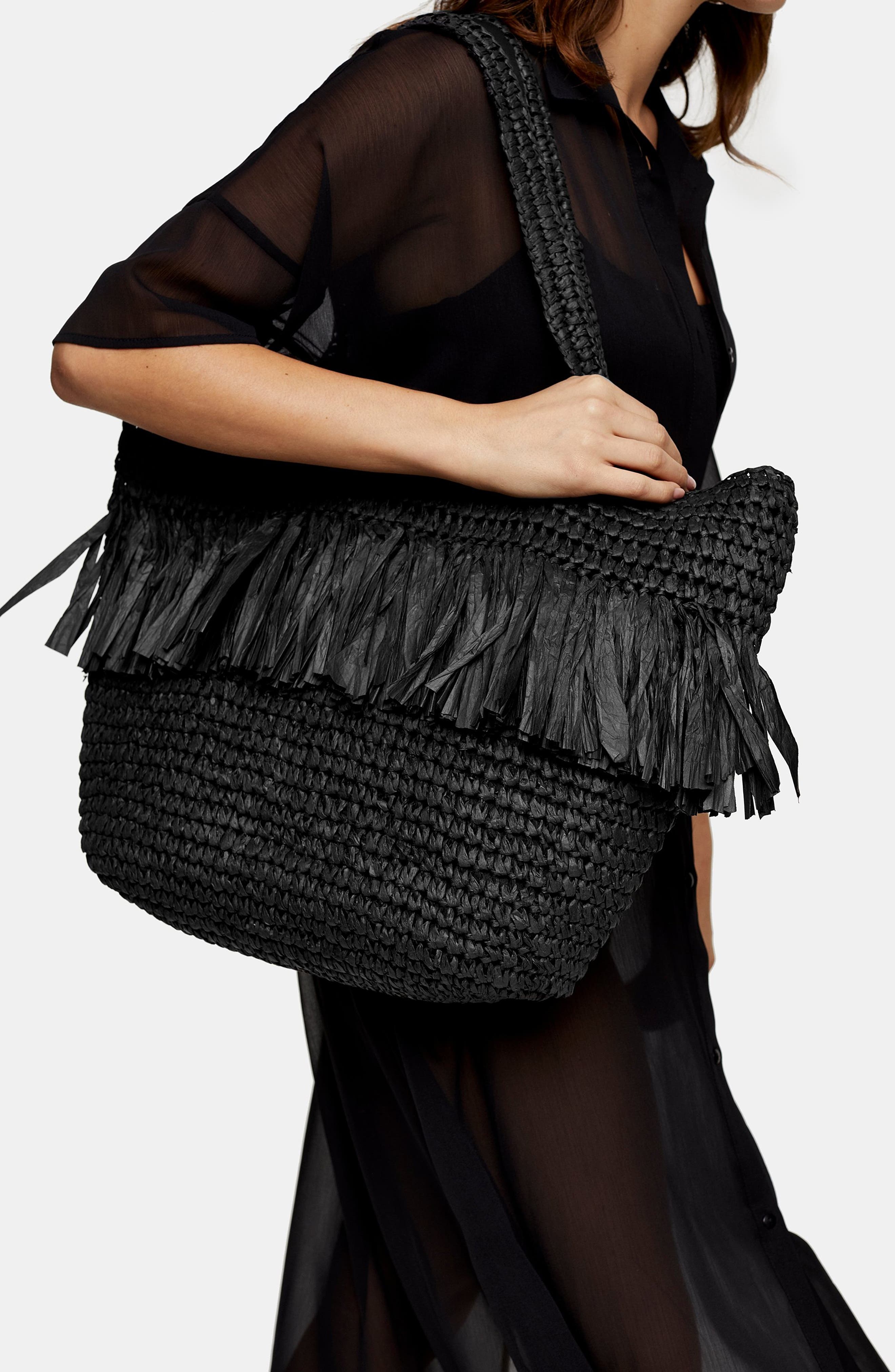 Topshop Fenn Fringe Straw Tote, Alternate, color, 