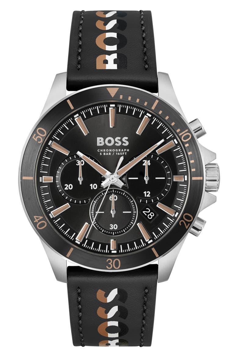Troper Chronograph Leather Strap Watch, 45mm, Main, color, BLACK