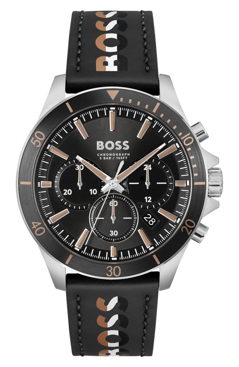 BOSS Troper Chronograph Leather Strap Watch, 45mm, Main, color, 