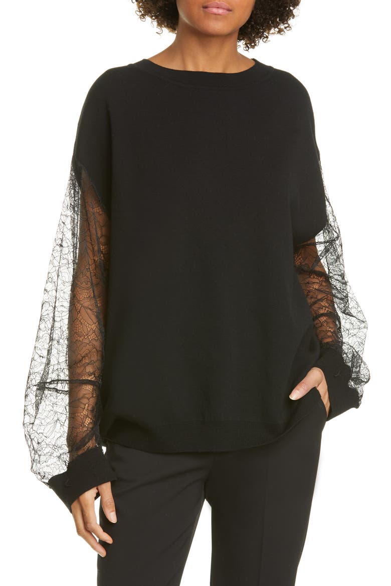 Lace Sleeve Merino Wool Blend Sweater, Main, color, BLACK