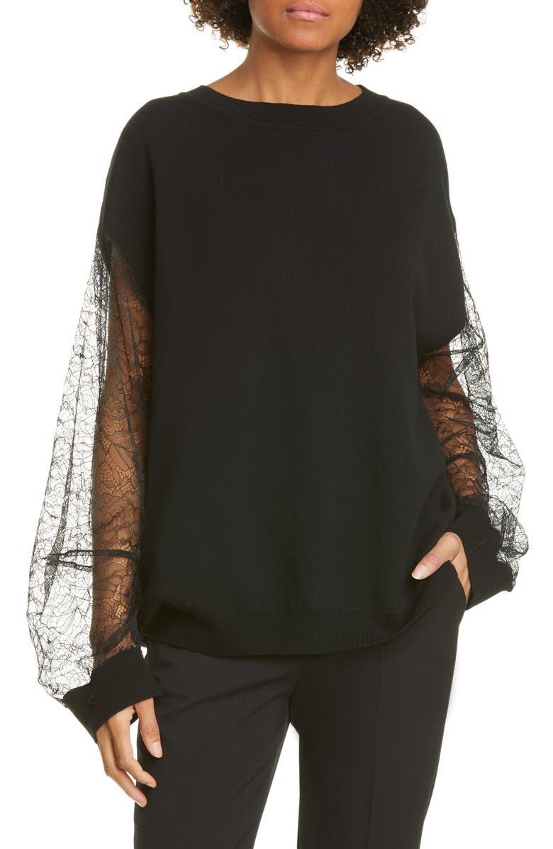 Adam Lippes Lace Sleeve Merino Wool Blend Sweater, Main, color,