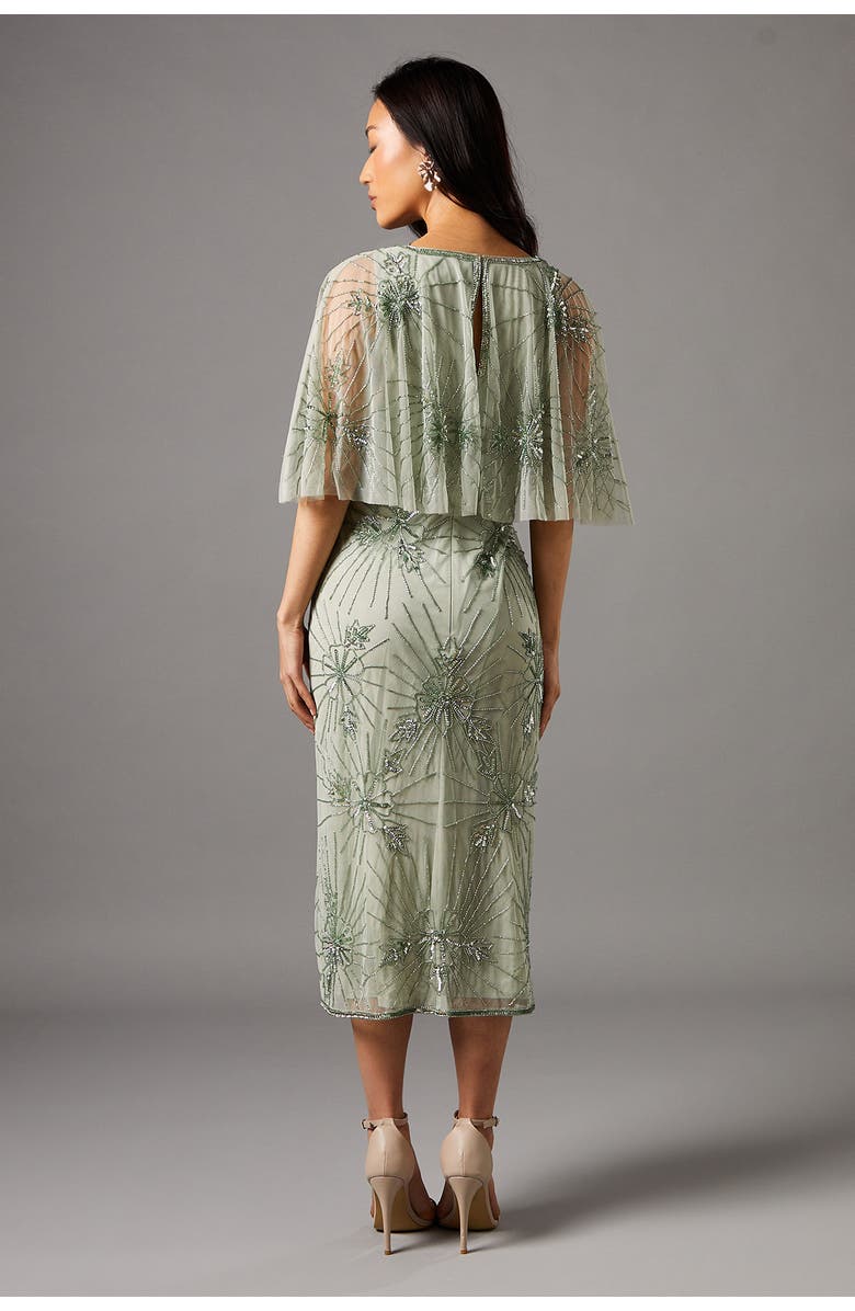 Coast Floral Embellished Cape Midi Dress, Alternate, color, Sage