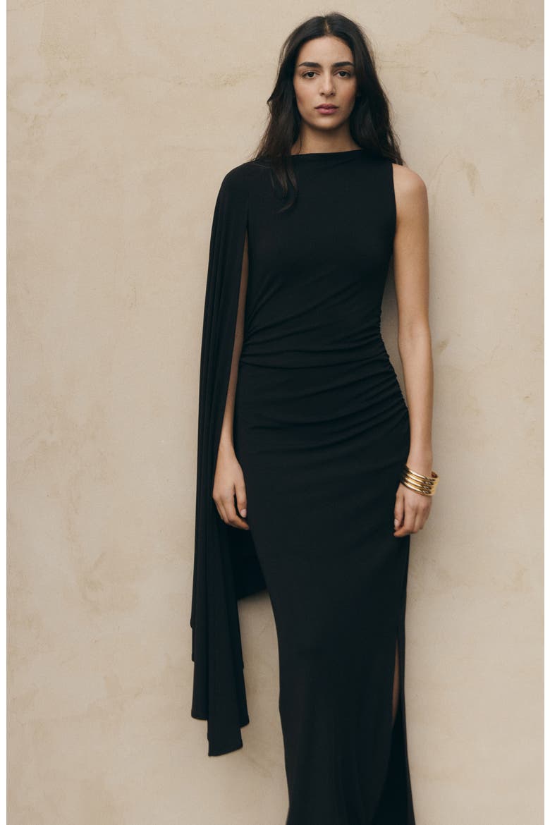 Asymmetric Cape Dress, Alternate, color, BLACK