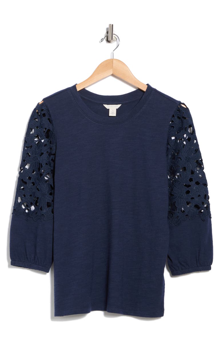 Caslon<sup>®</sup> Lace Mixed Media Top, Alternate, color, Navy Still
