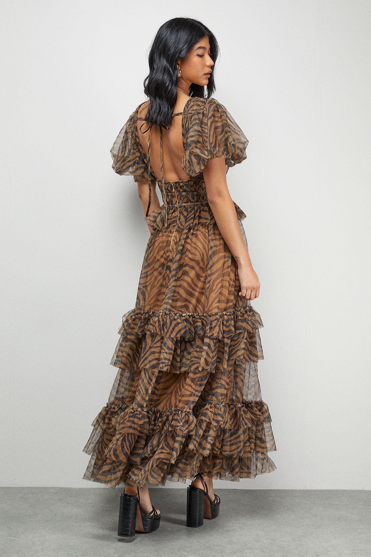 Warehouse Zebra Print Tulle Ruffle Maxi Dress (Women) | Nordstrom