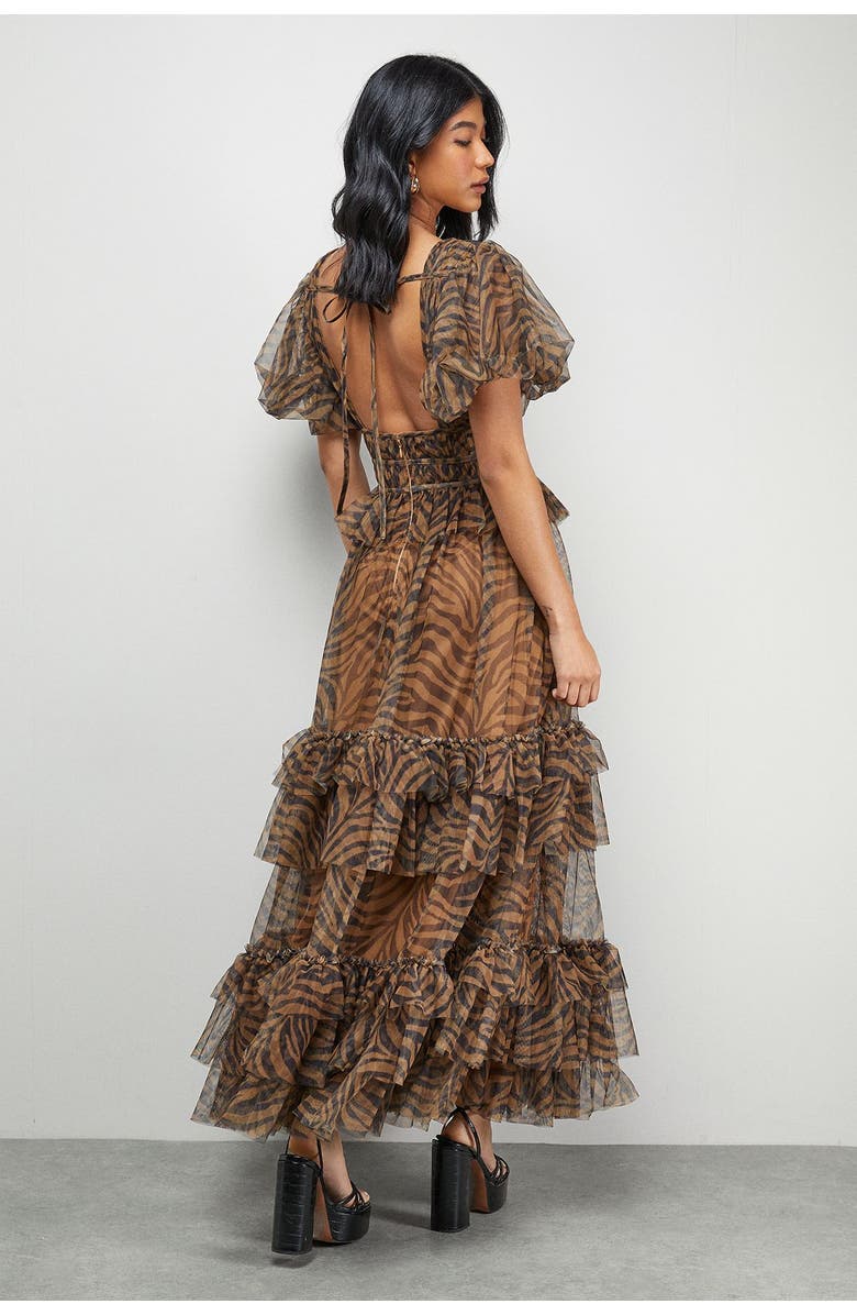 Warehouse Zebra Print Tulle Ruffle Maxi Dress, Alternate, color, Animal