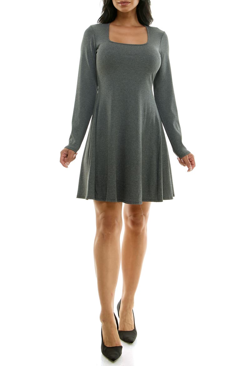Long Sleeve Rib Godet Dress, Main, color, CHARCOAL