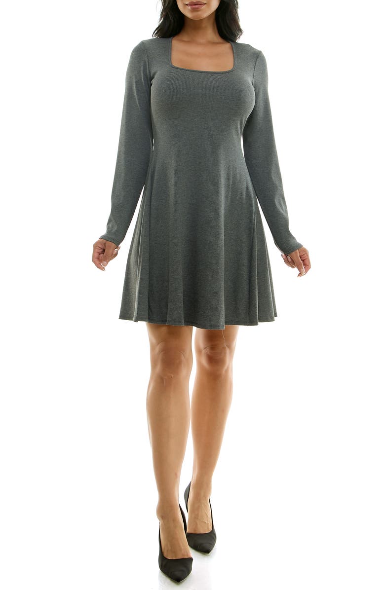 bebe Long Sleeve Rib Godet Dress, Main, color, Charcoal