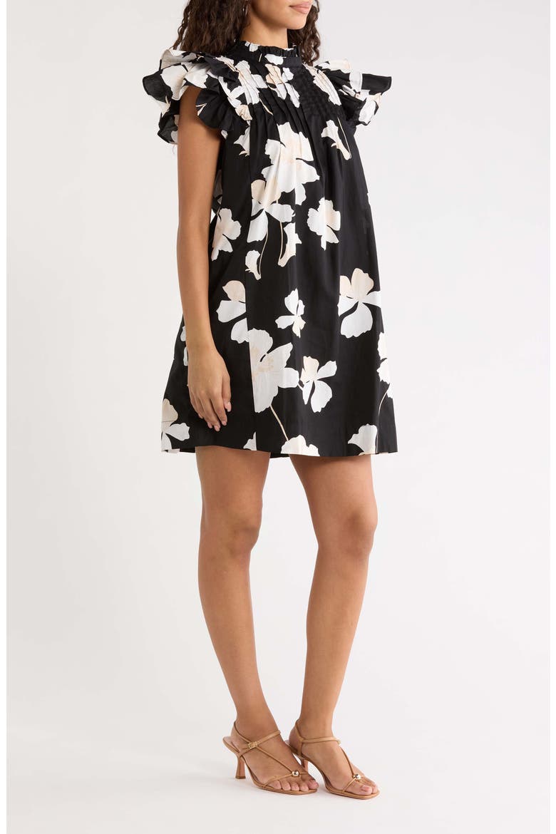Medina Floral Pleated Flutter Sleeve Shift Minidress, Alternate, color, BLACK GREY