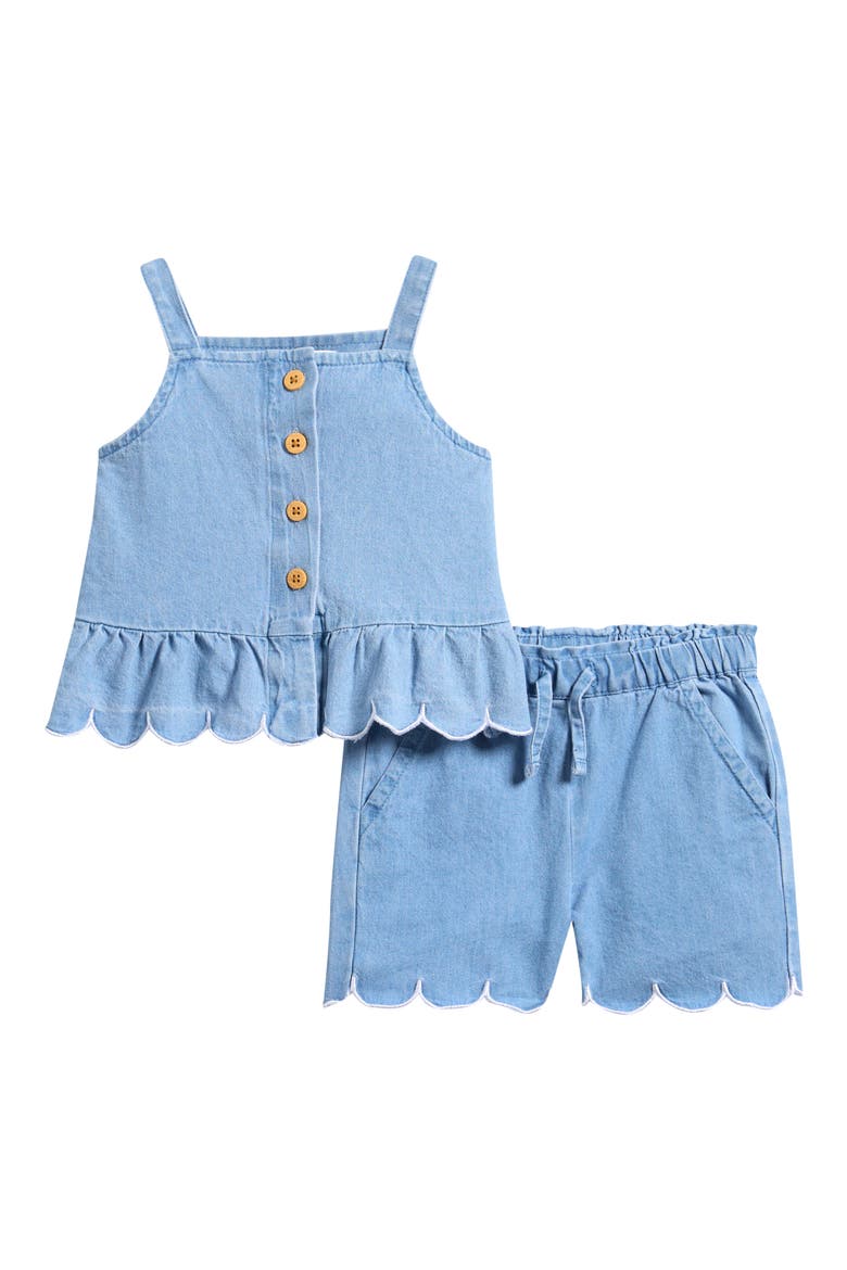 Scalloped Chambray Tank & Shorts Set, Main, color, LIGHT BLUE DENIM