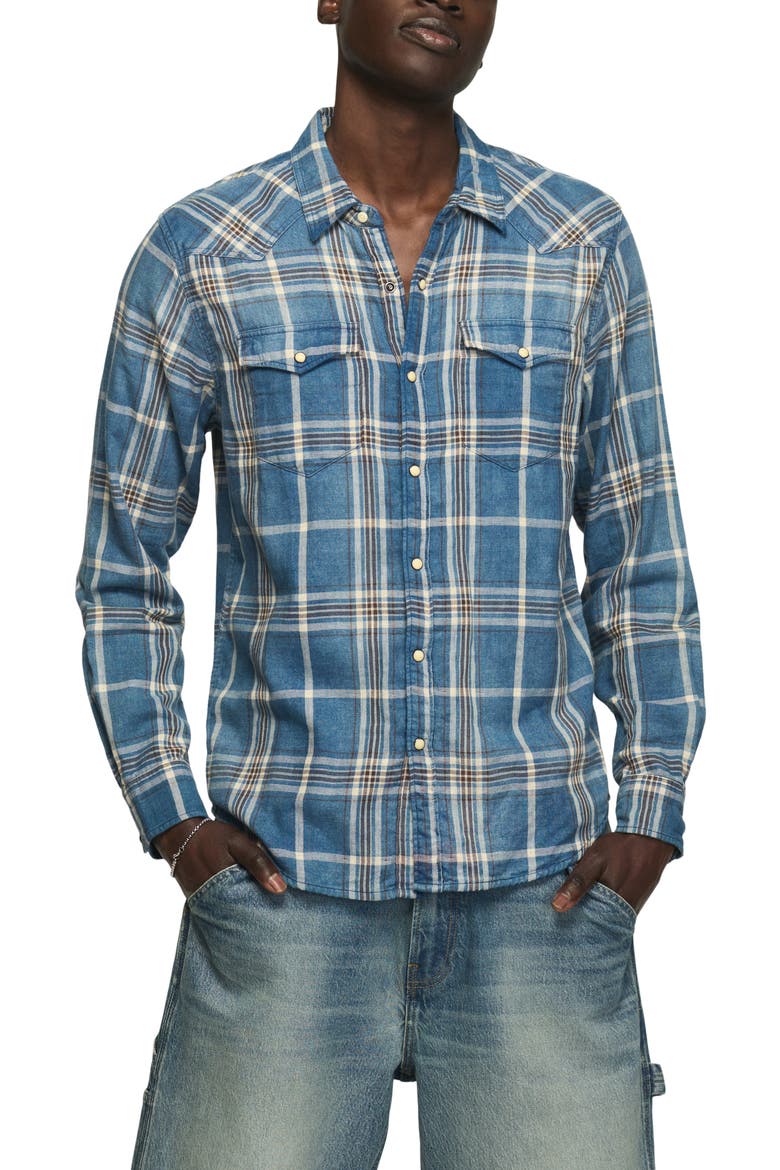 Mesa Plaid Cotton Snap-Up Western Shirt, Alternate, color, INDIGO BLUE PLAID