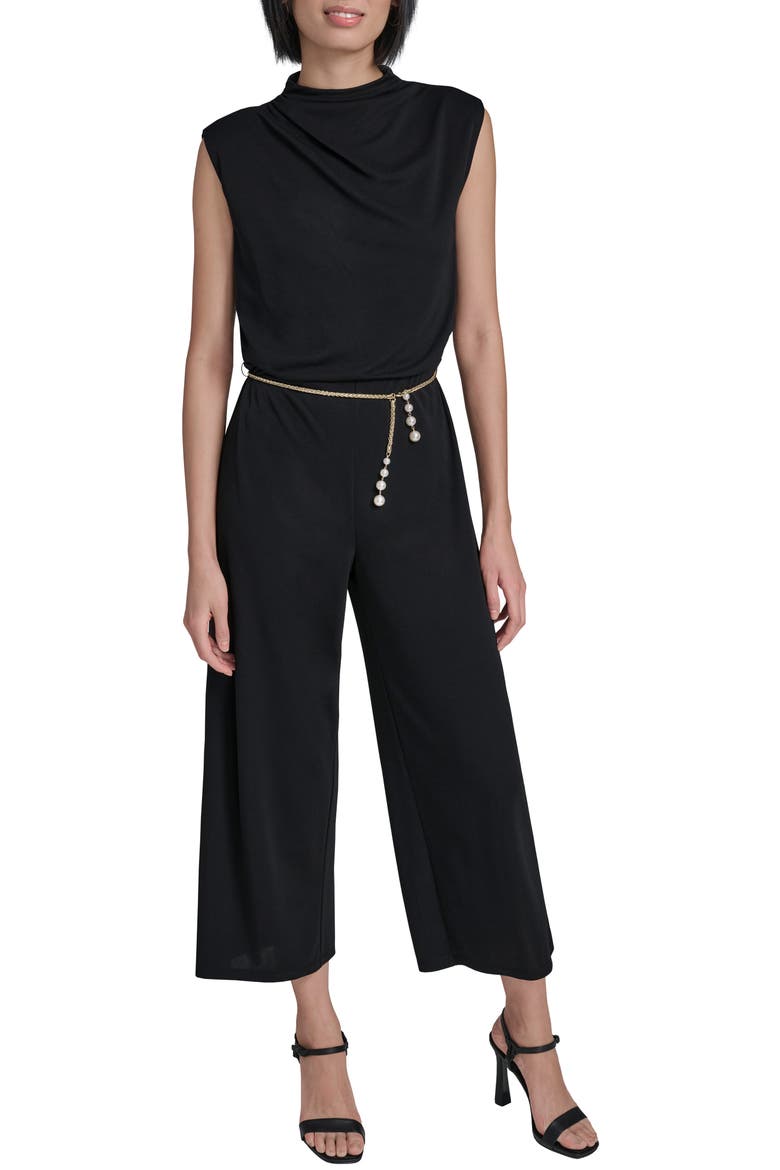 Jersey Jumpsuit with Faux Pearl Chain Belt, Main, color, BLACK