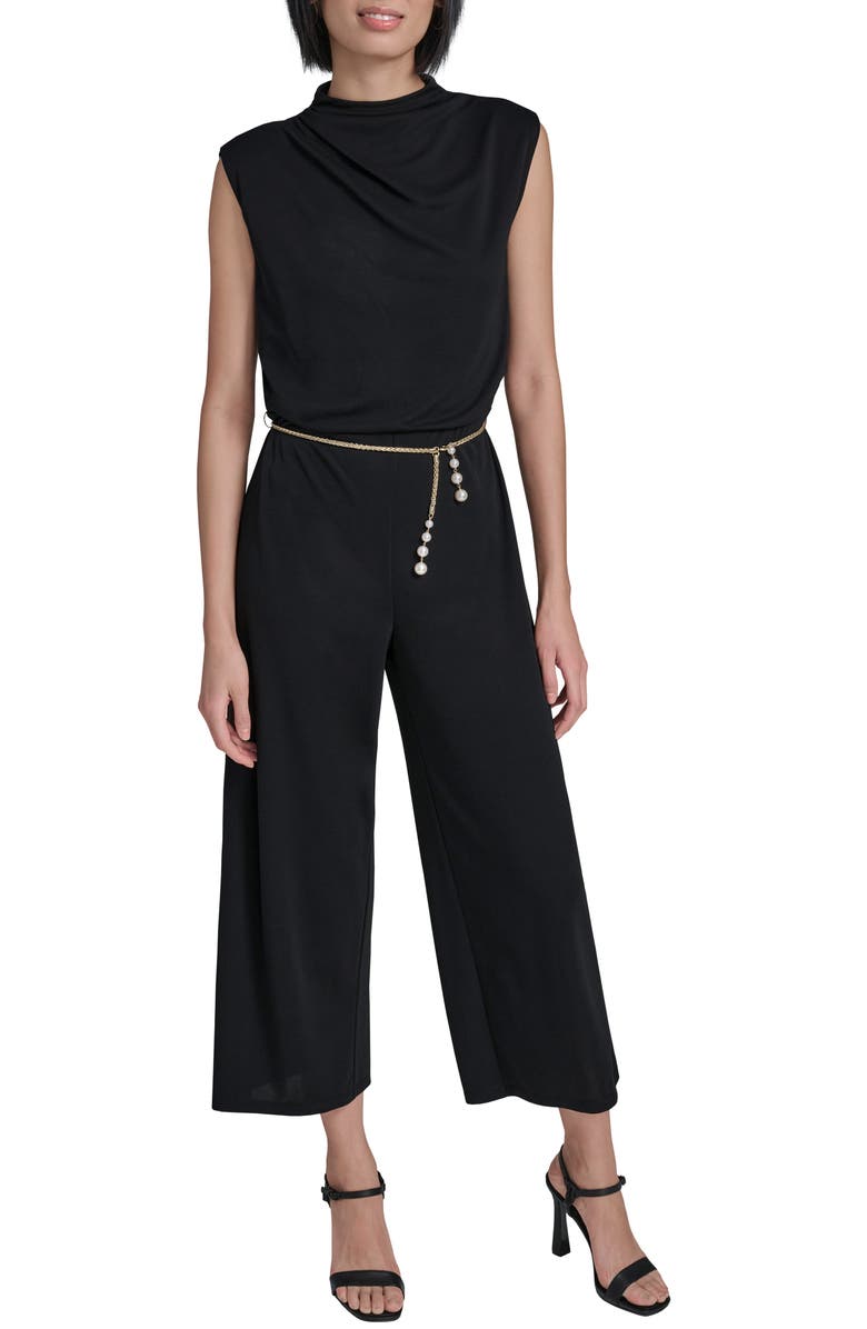 KARL LAGERFELD Jersey Jumpsuit with Faux Pearl Chain Belt, Main, color, Black